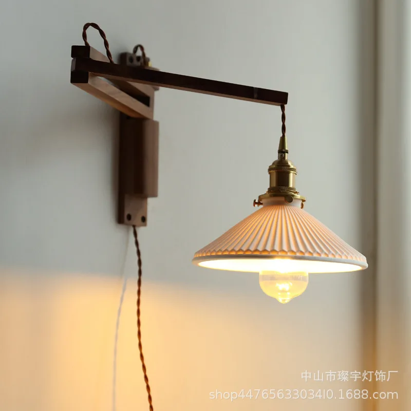 

Vintage Walnut Japanese Wall Lamp Ceramic Wall-mounted Bedroom Folding Lamp Corridor Telescopic Non-wiring Mirror Front Lamp