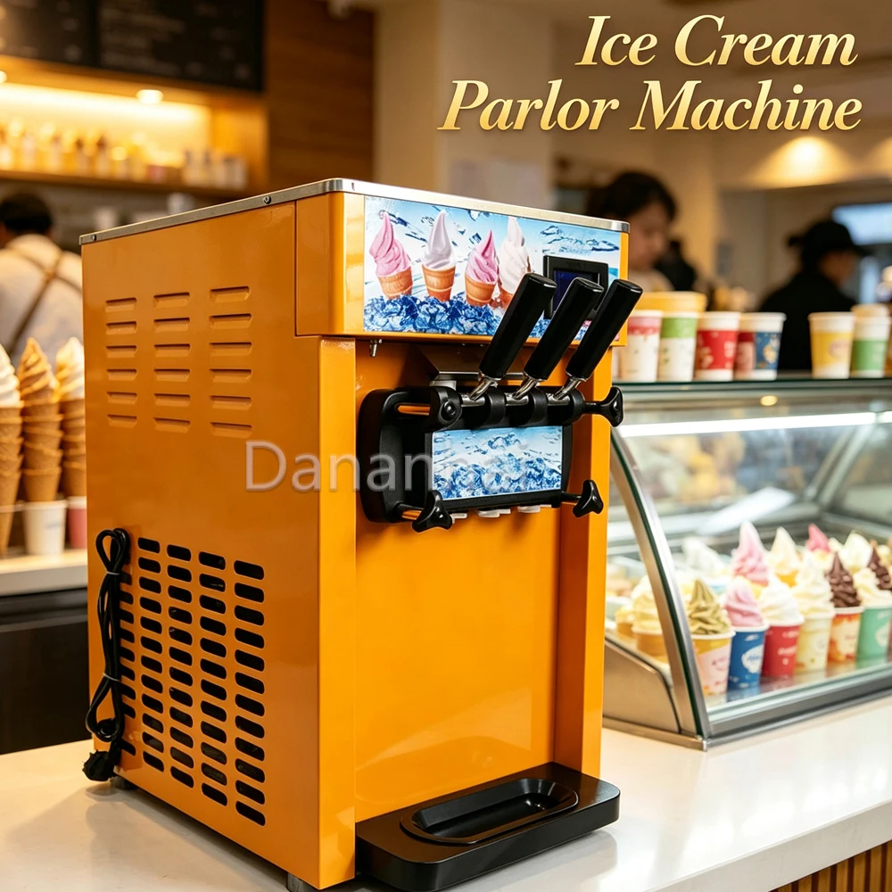 Commercial Soft Ice Cream Machine with 3 Flavors Stainless Steel Cone Maker for Business Use Refrigeration Included
