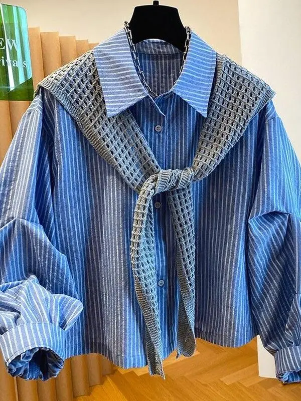 Korean Style Striped Shirt And Shawl Two-Piece Set High End Japanese Style Fake Two-Piece Shirt Matching Shawl Popular This Year