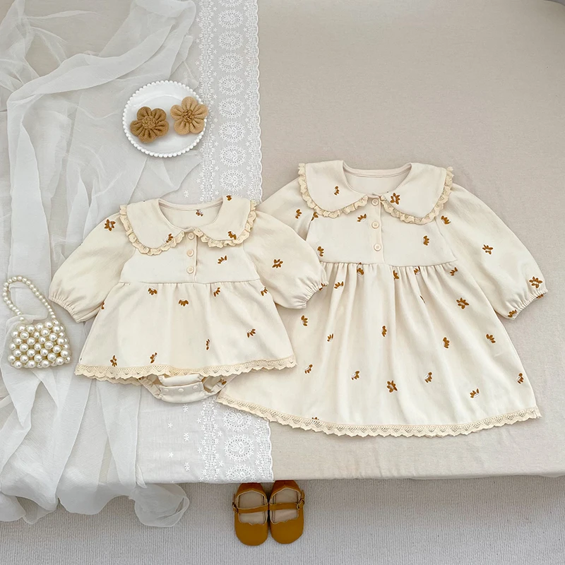 Baby-Mädchen-Stramplerkleid, langärmelig, mit Spitze, Peter-Pan-Kragen, Blumenstickerei, Baby-Overall, Frühling/Herbst, Kleidung für Kleinkinder, 0–24 Monate. – Detail 18