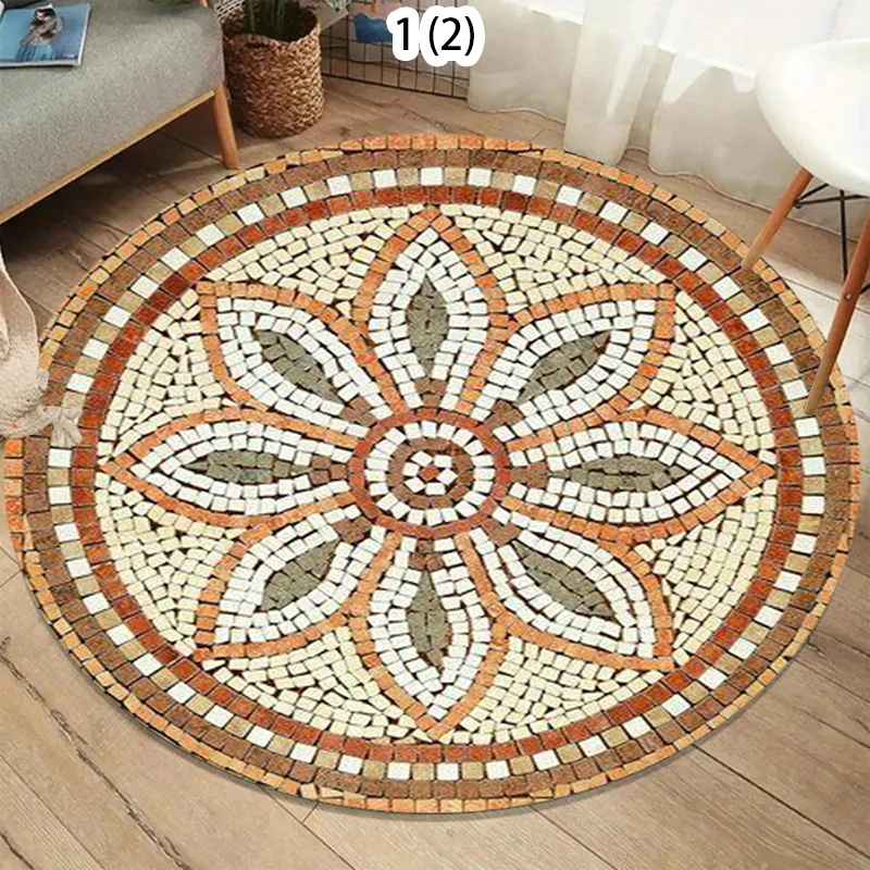 Mosaic Floral Round Rug, Vintage Mediterranean Tile Print Floor Mat Non-Slip Boho Living Room Carpet Luxury Bohemian Home Decor