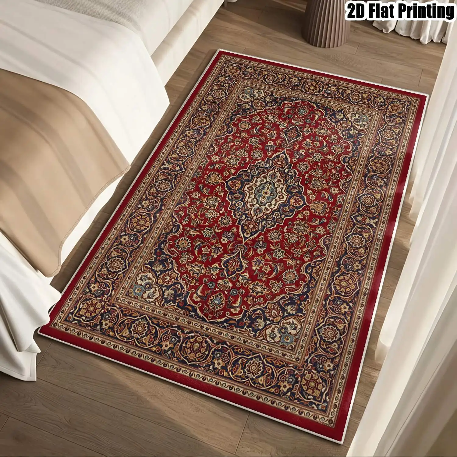 1Pc 2D Printed Velvet Carpet, Red Retro Floral, European & Bohemian Style, Machine Washable, Multi-Size for Home Decor