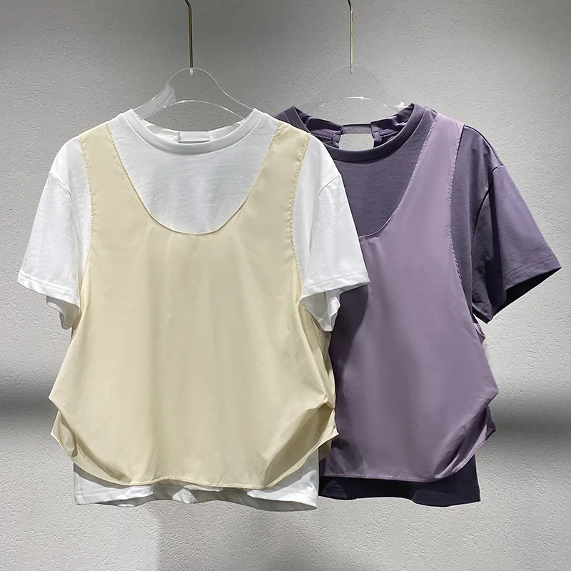 Summer 2025 New Arrival: Women's Loose Fit Round Neck Two-Tone Patchwork Short Sleeve T-Shirt Minimalist Style