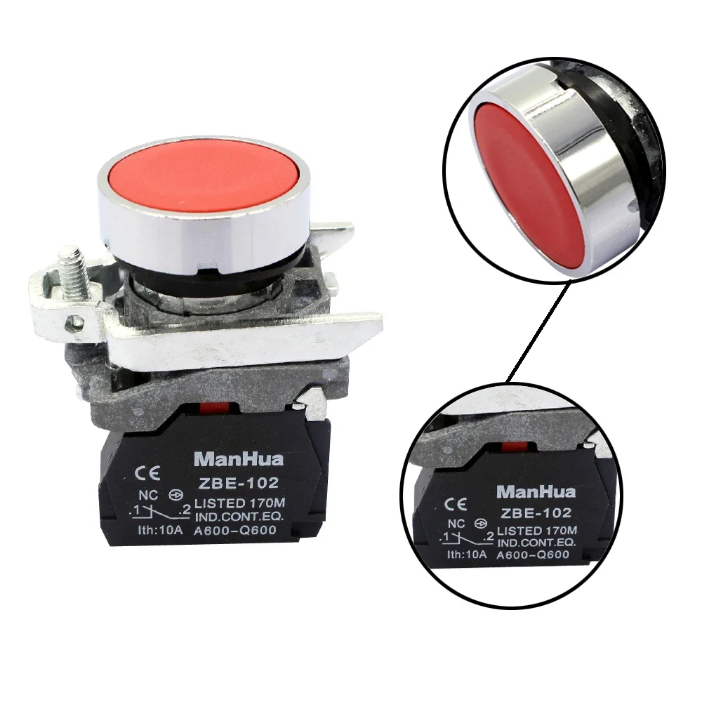 ManHua XB4-BA42 Red Electrical Flush Push Button Switch/spring Return 220V Push Button