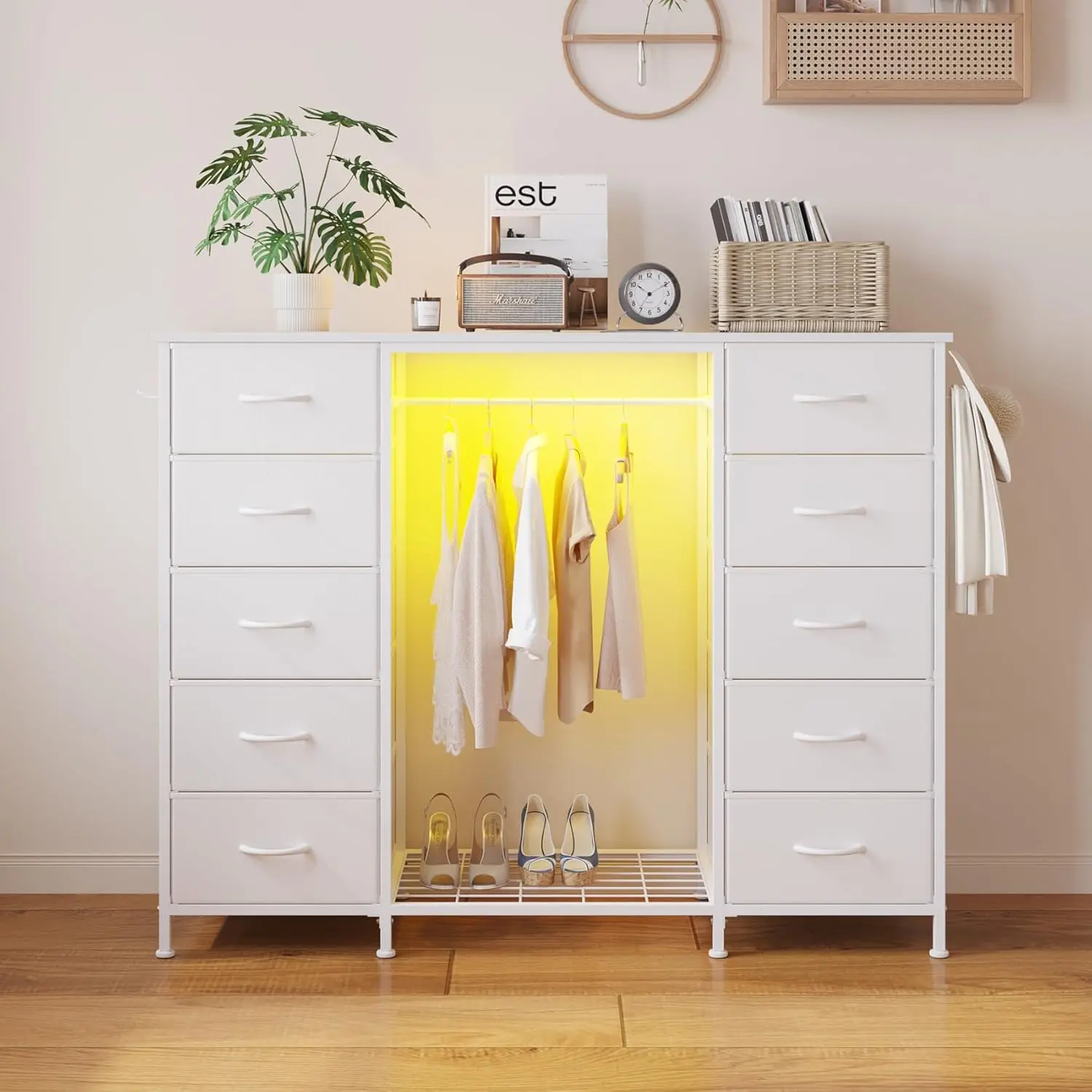 

55" White 2-in-1 Dresser with LED Lights, Charging Station, Hanging Rack and 10 Drawers for Bedroom Storage