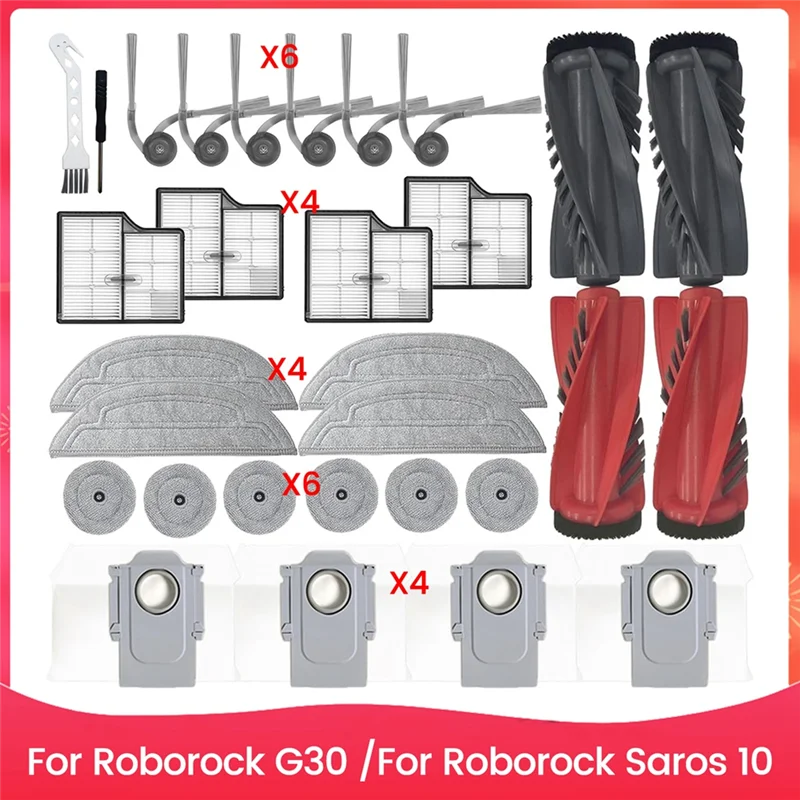 

YLS-30PCS для робота-пылесоса Roborock Saros 10/G30, сменный комплект, основная боковая щетка, фильтры HEPA, тряпки для швабры, мешки для пыли