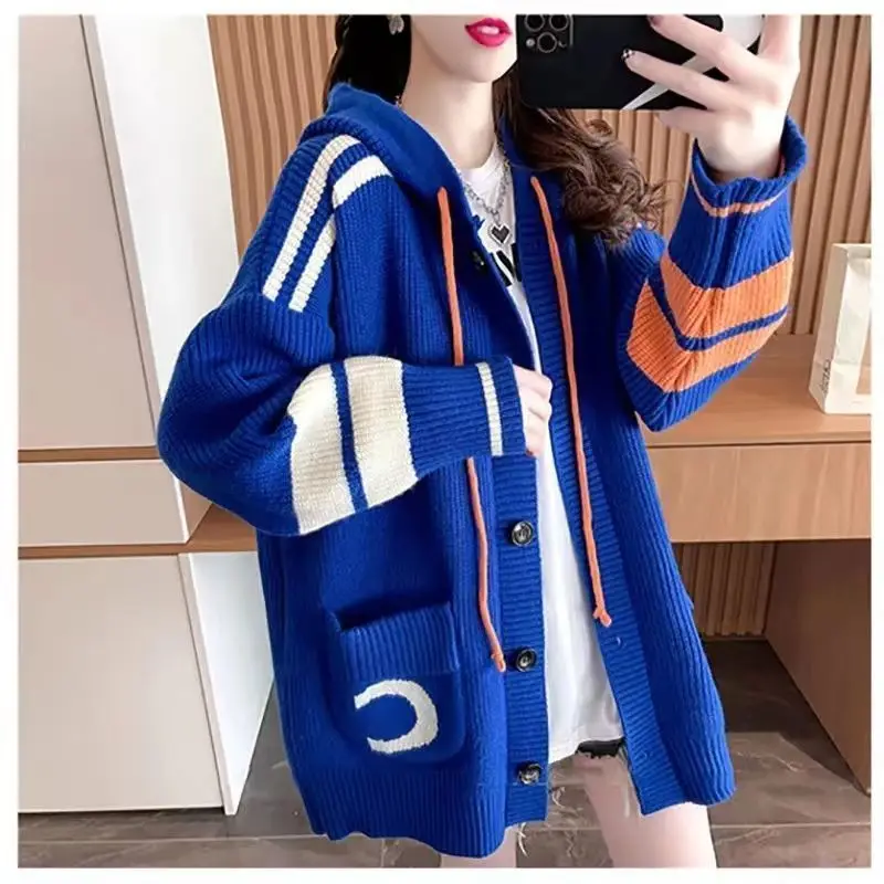 2023 Autumn and Winter Fashion Commuter Loose Relaxed Hooded Knitted Cardigan Thickened Warm Versatile Comfortable Sweater