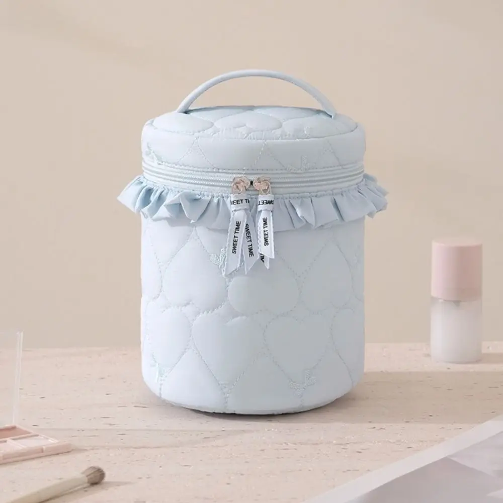 Love Pattern Cosmetic Organizer Bag Large Capacity Cylindrical Shape Toiletries Bag Zipper Closure Multi-Pocket Wash Pouch Mommy