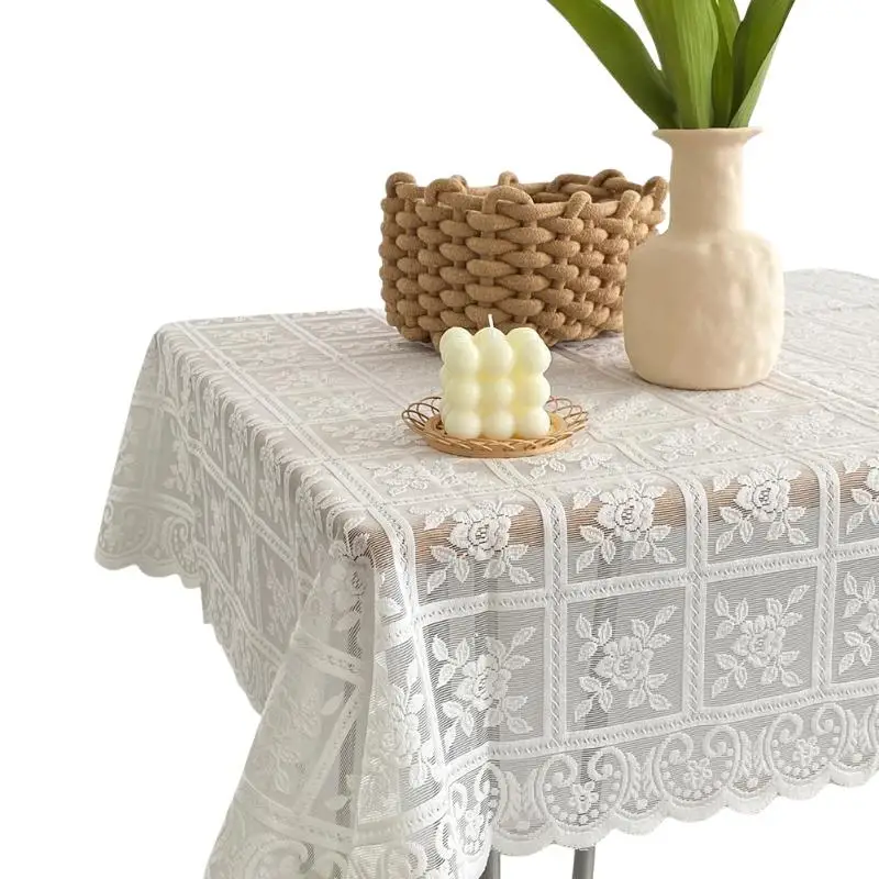 White Polyester Tablecloth with Vintage Lace Floral Pattern Durable Decorative Cover for Dining Table Party Home Decoration
