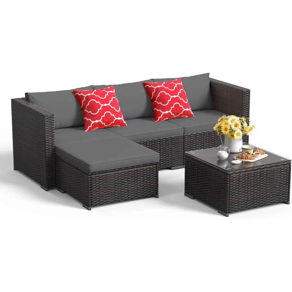 

All-Weather Wicker Outdoor Patio Furniture Set with Cushions and Glass Table in Grey