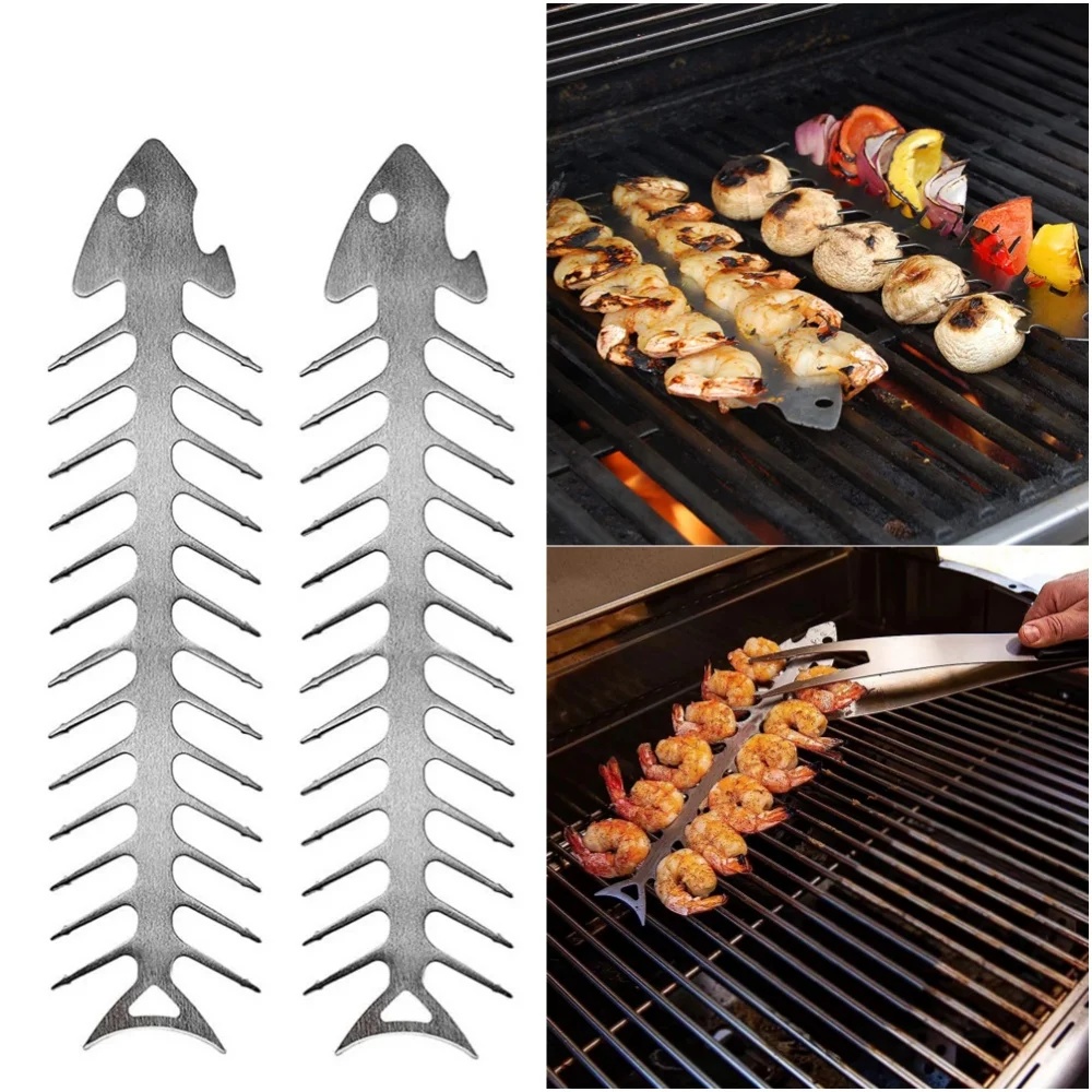 Reusable Roaster Fork Metal Fishbone Shape Barbecue Skewer Roasting Skewers for Camping Grilling Skewers Campfire BBQ Tool