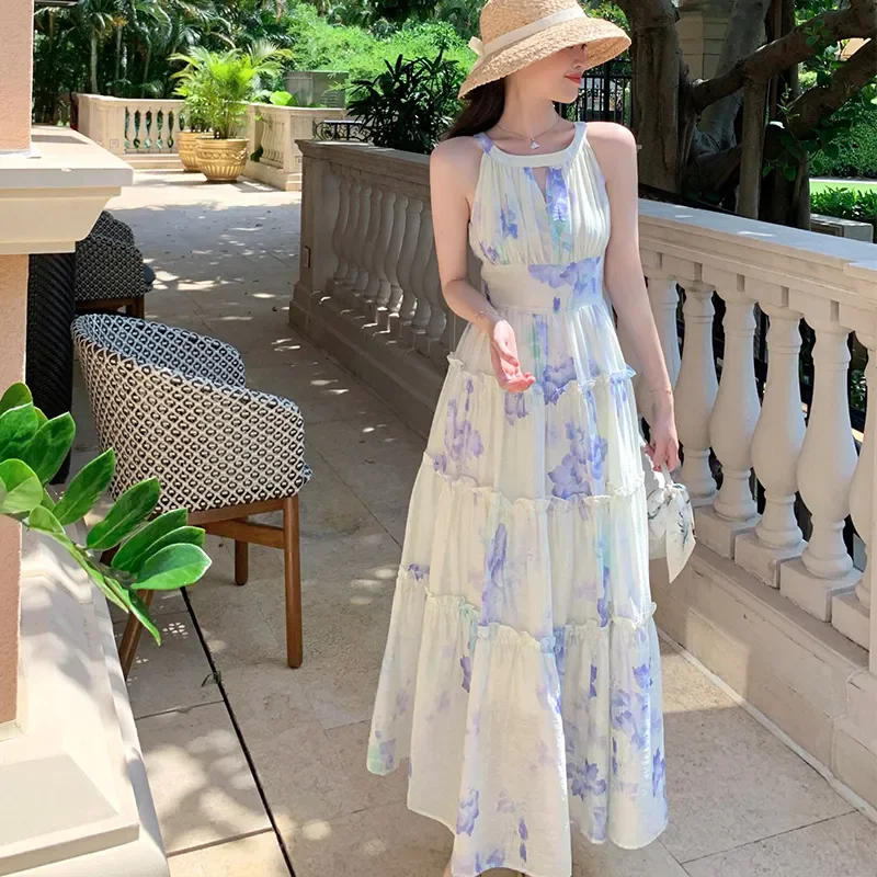 Robe de plage française élégante pour femmes, imprimé floral, style Boho, longue, taille haute, à volants, été