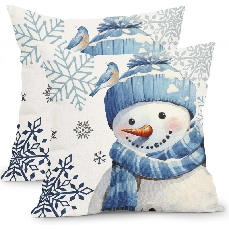 

Winter Snowman Snowflake Blue Christmas Pillow Cover Set of 2 for Sofa Home Decoration