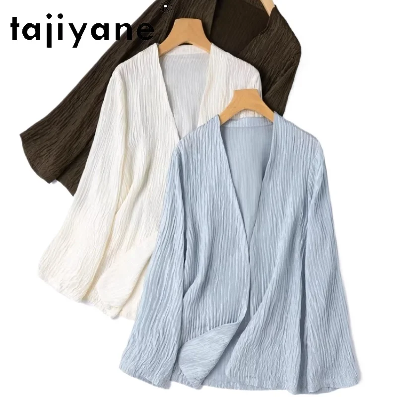 

TAJIYANE 93% Real Mulberry Silk Cardigan for Woman Fashion V-neck Blouse Spring and Summer Silk Shirt Ladies Clothes 2026 блузка