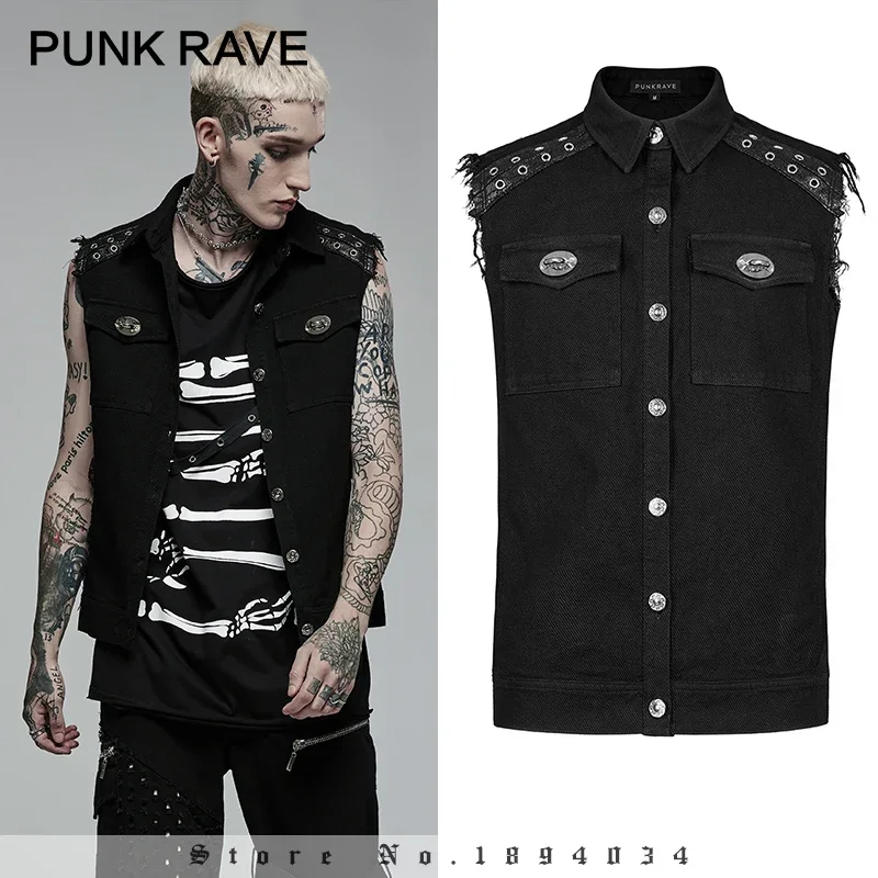 PUNK RAVE Men's Punk Daily Wear Simple Twill Black Vest Ghost Head Buckle Decoration Casual Handsome Tank Top Men Four Seasons