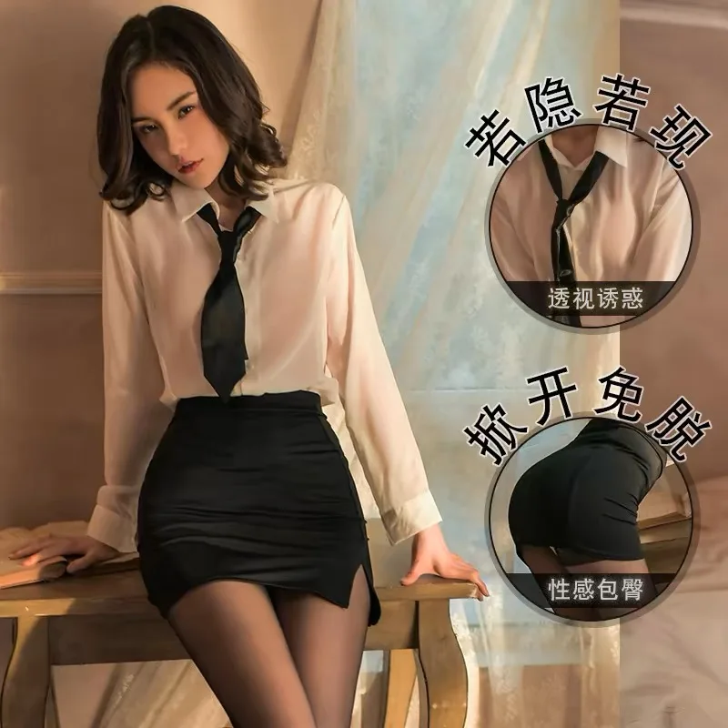 Sexy Lingerie Secretary Outfit Uniform School Teacher Cosplay Costumes Office Lady Long Sleeve Top with Mini Skirt Porno Party