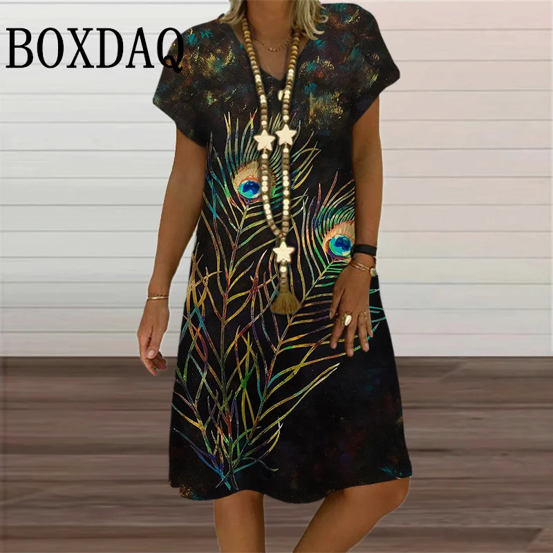 Feather Print Dresses Women Summer 2024 New Dress Short Sleeve V-Neck Midi Dress Elegant Bohemian Casual Sundress Beach Vestidos