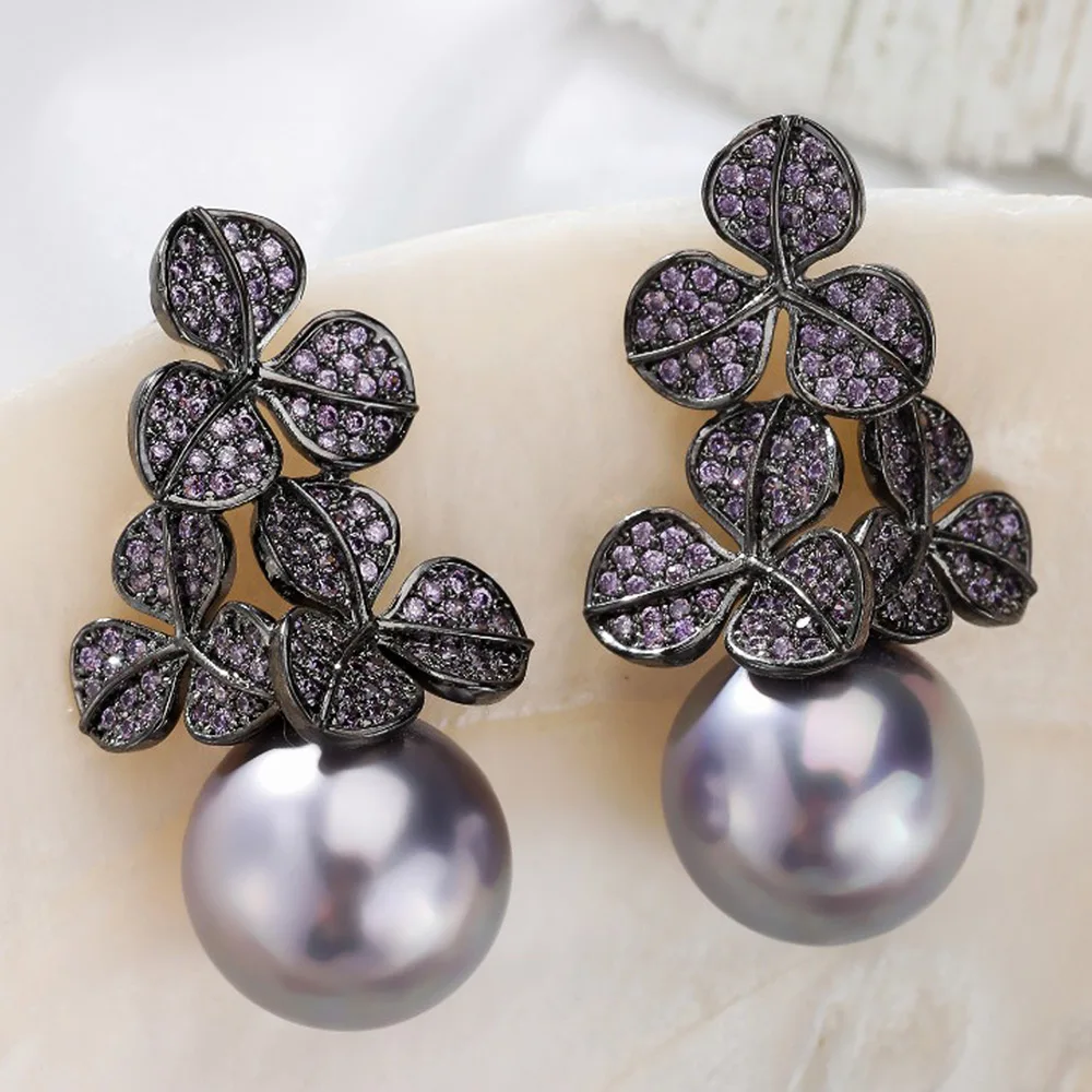 

Missvikki New Trendy Luxury Black Pearl Flower Earrings Full Cubic Zirconia for Women Wedding Chic Fashion Shiny High Quality