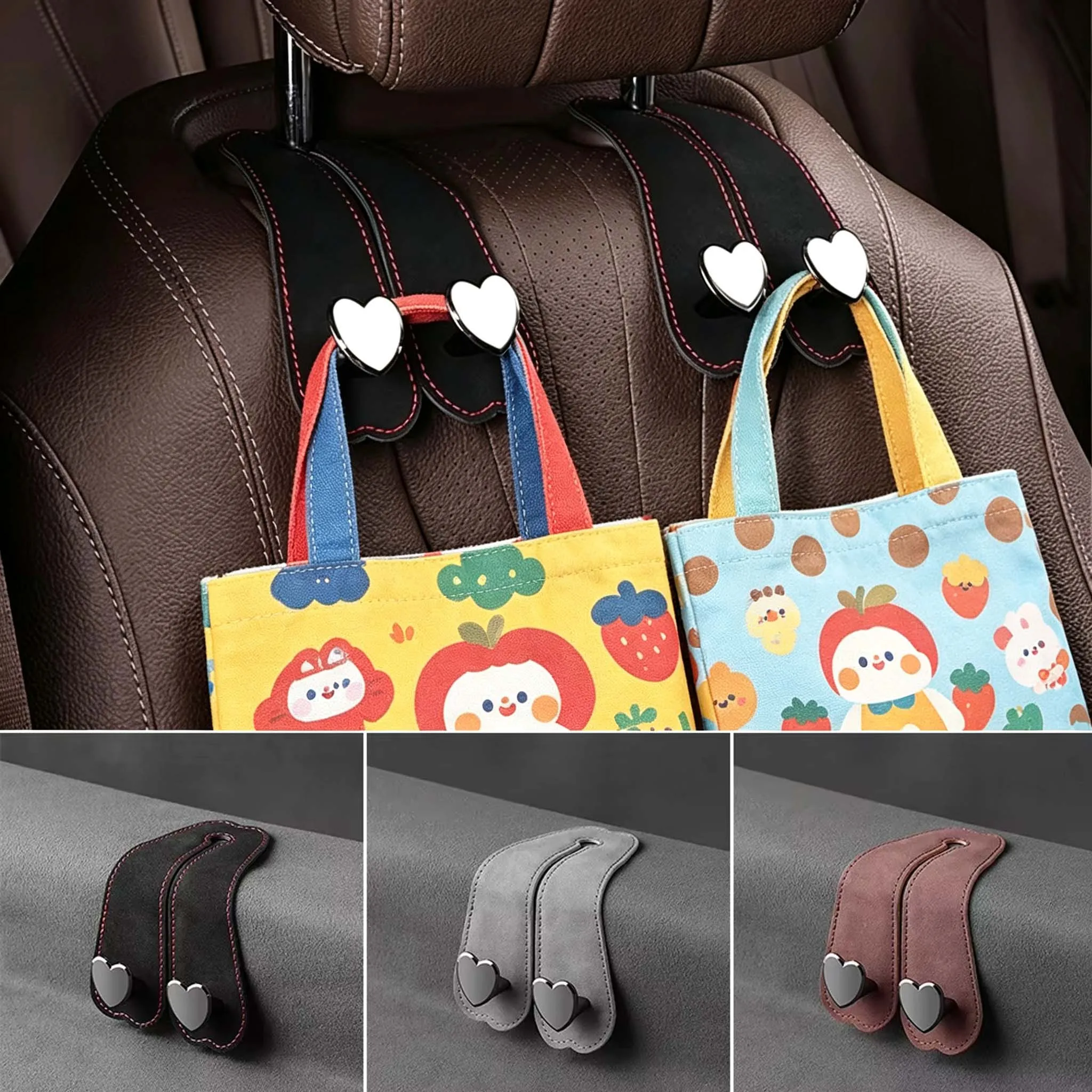 Car Seat Headrest Hooks with Heart Shape Design Suede Storage Hanger For Grocery Bags Universal Auto Interior Accessories ﻿