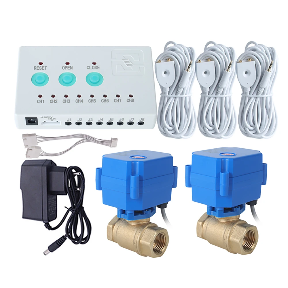 

Water Leakage Alarm Detector With 2pcs DN15 Smart Valve 3pcs 6-meters Water Sensor Against Overflow Leaking for Home Security