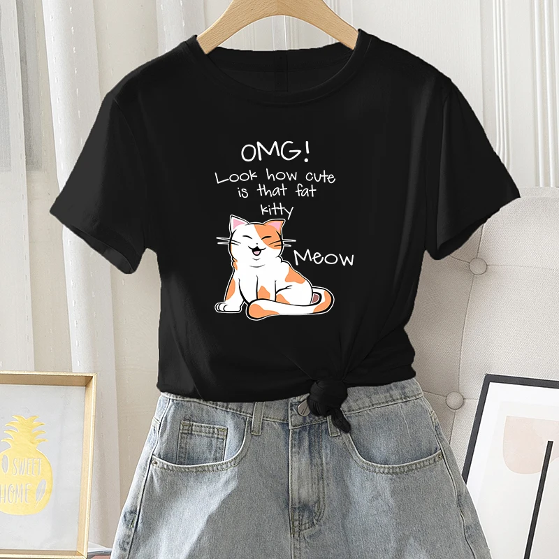 Cat Letter Print Female Casual Fashion Summer Short Sleeve Cartoon Tshirt Women Daily Regular Tee Kawaii Streetwear O-Neck Tops