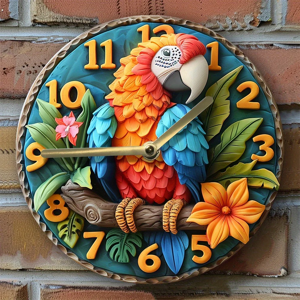 Parrot Themed DIY Clock Kit & Silent Movement, High-Definition 2D Print Decorative Clock - Tropical Birds & Floral Design Clock