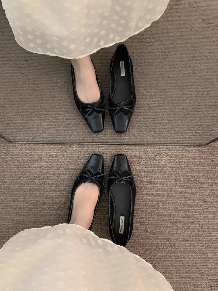 Damen Loafer mit eckiger Zehenpartie und Schleife, flache Schuhe im französischen Stil, weiche Sohle, flache Slip-Ons für Freizeit, Büro, bequeme Fahrschuhe – Detail 6