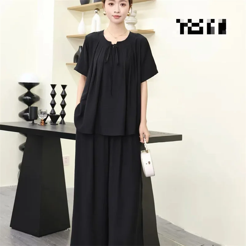 Summer New Casual and Fashionable Set for Fat People Loose Meat Covering Age Reducing Top Straight Leg Wide Pants Two Piece Set