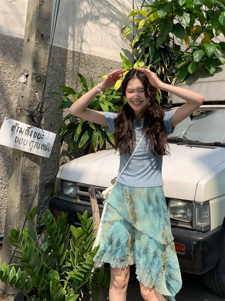 

Summer Tie Dye Print Irregular Skirt Women Korean Style High Waist Tierred Mini Skirts Y2k Aesthetic Versatile Faldas
