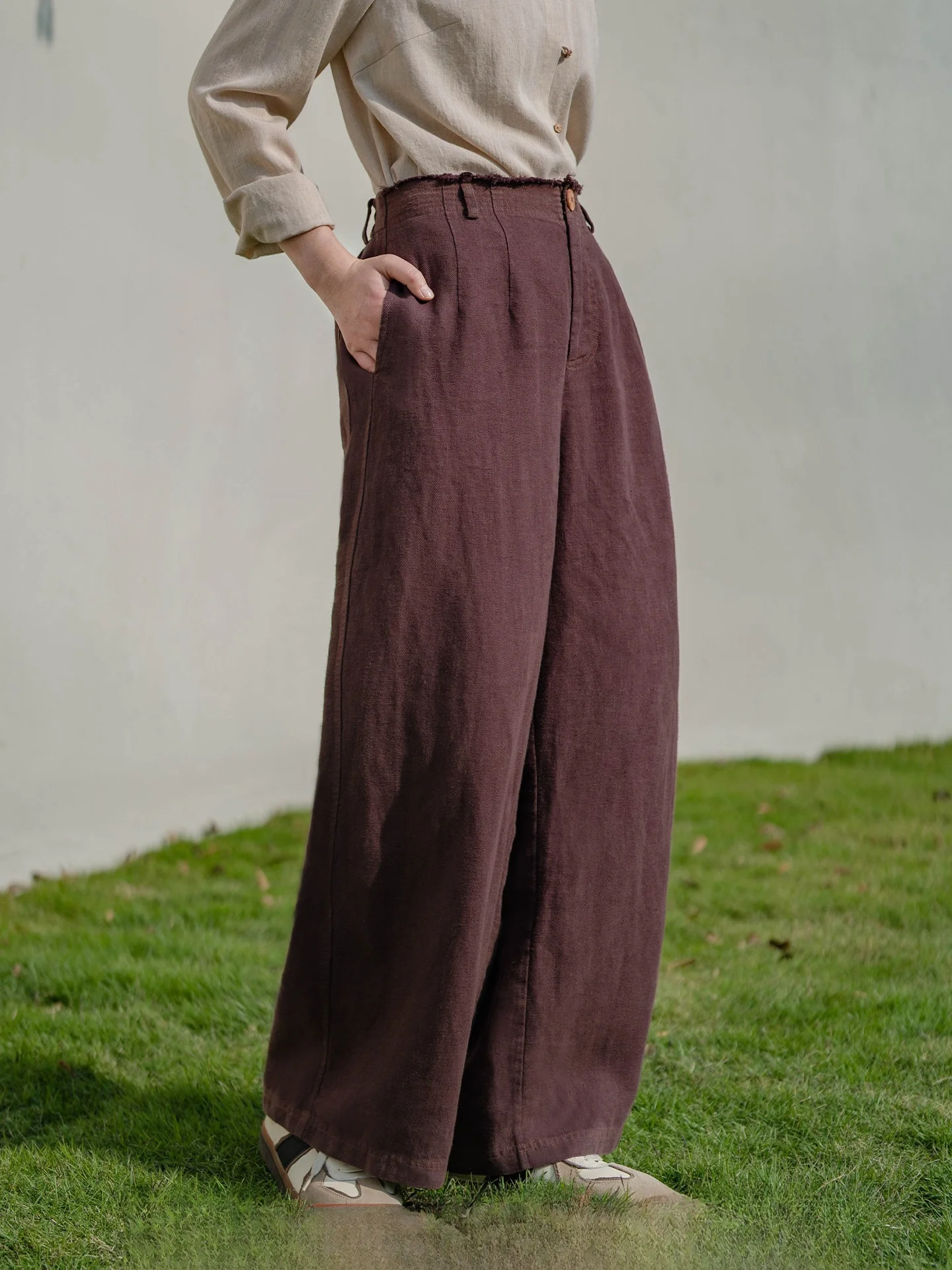 

Original Spring Style High Quality Linen Half Elastic Waist Straight Leg Casual Pants Free Thinking Ladies Straight Leg Trousers