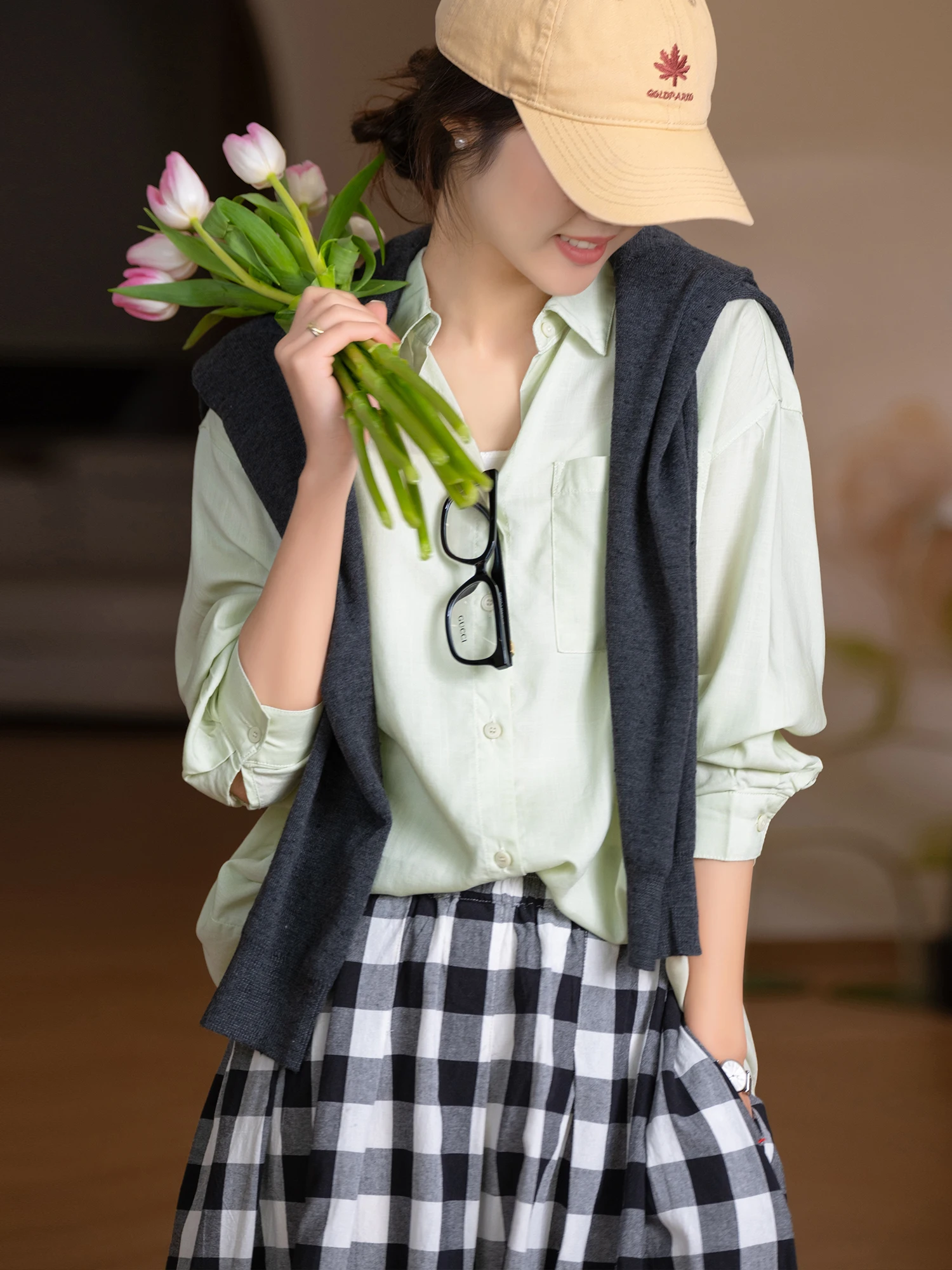 

Elegant Loose Fit Soft Lenzing 100% Thread Shirt Breathable Slimming Long Sleeve Flip Collar Daily Wear Pure Color Women's Shirt