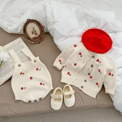 2023 Newborn Baby Girl Knitwear Clothes Mushroom Embroidery Knitted Romper Sweater Cardigan Tops Warm Outfits Spring Fall Suit