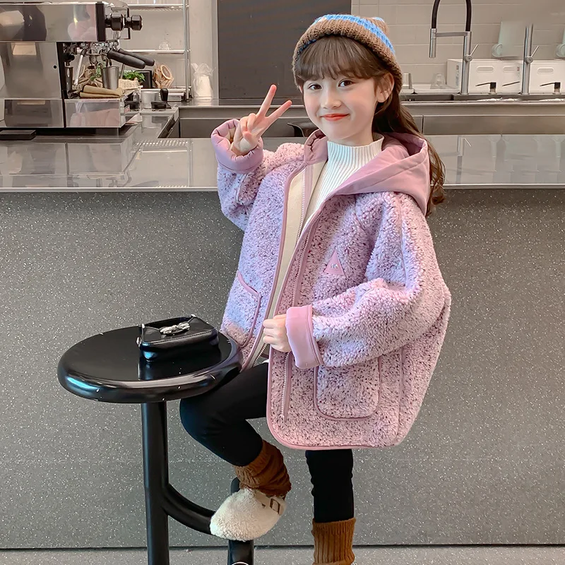 

Новое пальто шерпы для девочек, осенне-зимние толстовки с капюшоном, флисовый модный утепленный теплый шерстяной свитер, детская одежда