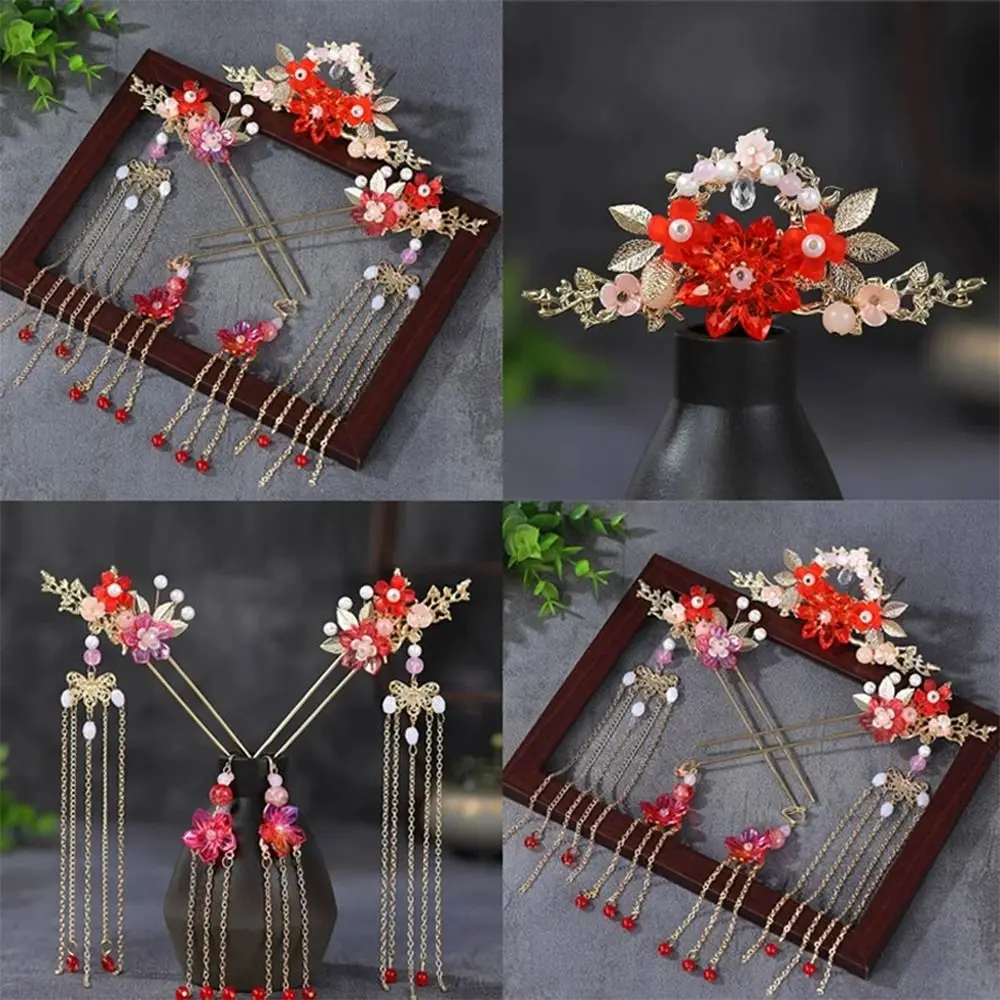 Fashion Flower Bridal Headwear Alloy Plastic Wedding Hair Sticks Tassel Dangling Ornament Earrings Hairpin Set Hanfu