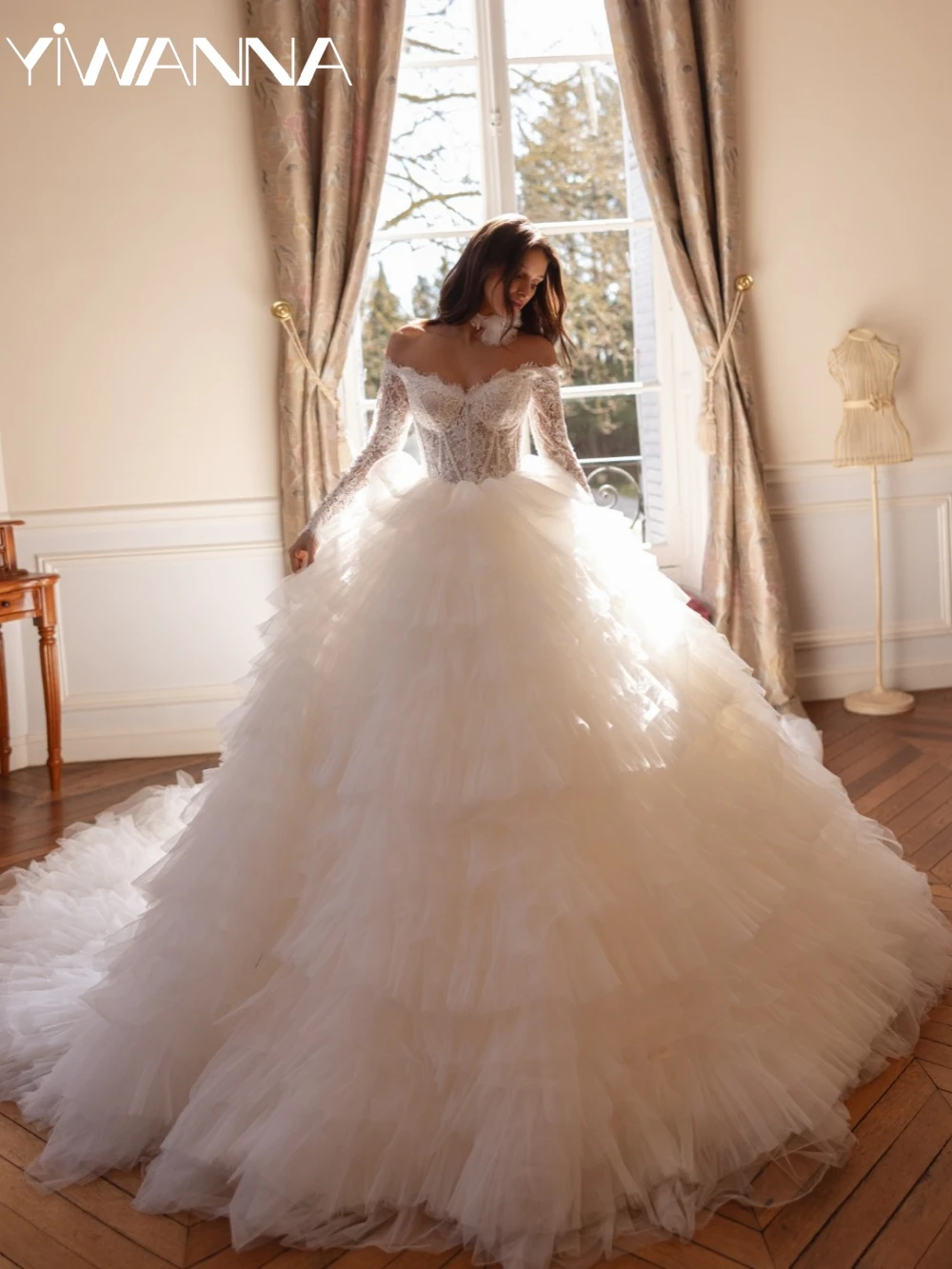 

New Arrival Tiered Beaded Lace Long Wedding Dress Graceful Off Shoulder Bridal Gown Customized Exquisite Dresses For Bride