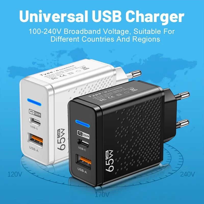 شاحن USB PD من النوع c بقدرة 65 وات، شحن للسفر لماك بوك اير آيفون، الاتحاد الأوروبي والمملكة المتحدة، رأس شحن الهاتف المحمول متعدد المنافذ مناسب