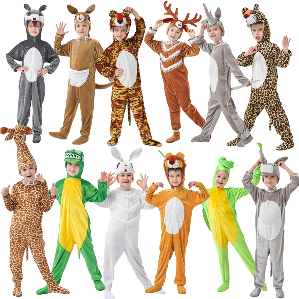 Halloween Kids Boys Girls Little Animals Jumpsuit Cartoon Animal Romper Dinosaur Tiger Wolf Rabbit Giraffe Children Cosplay Suit