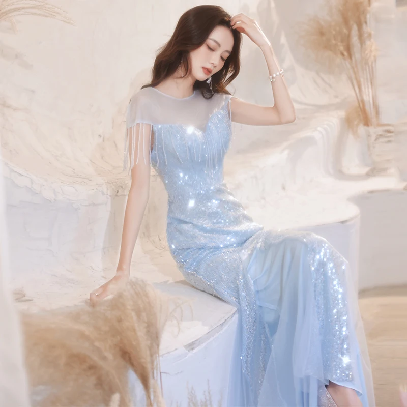 

Blue Evening Gown Women's 2025 New Luxury Small ence High End Banquet Host Dr aduation Tail Gown Korean Sle