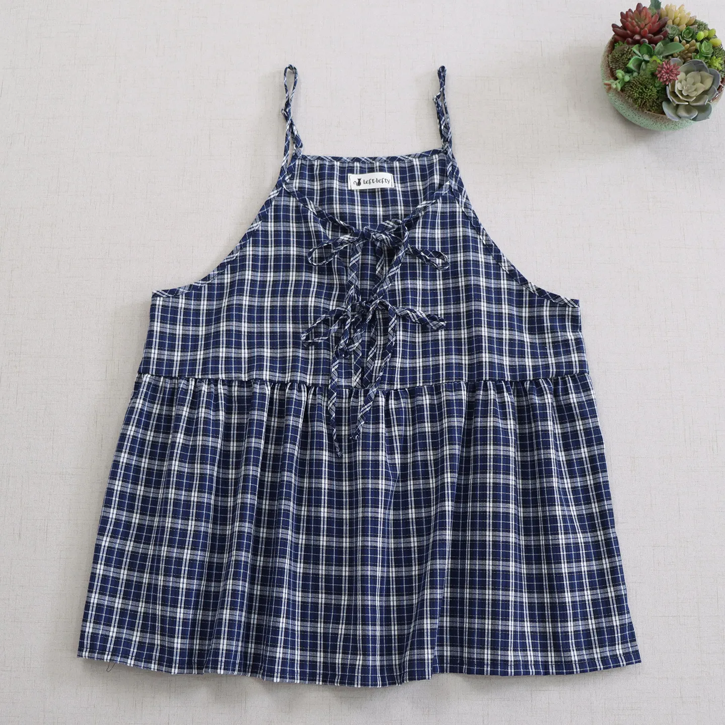 Japanese Vintage Mori Girl Checked Plaid Cotton Camis Top Women Spring Summer Front Bandage Casual Loose Tank Tops