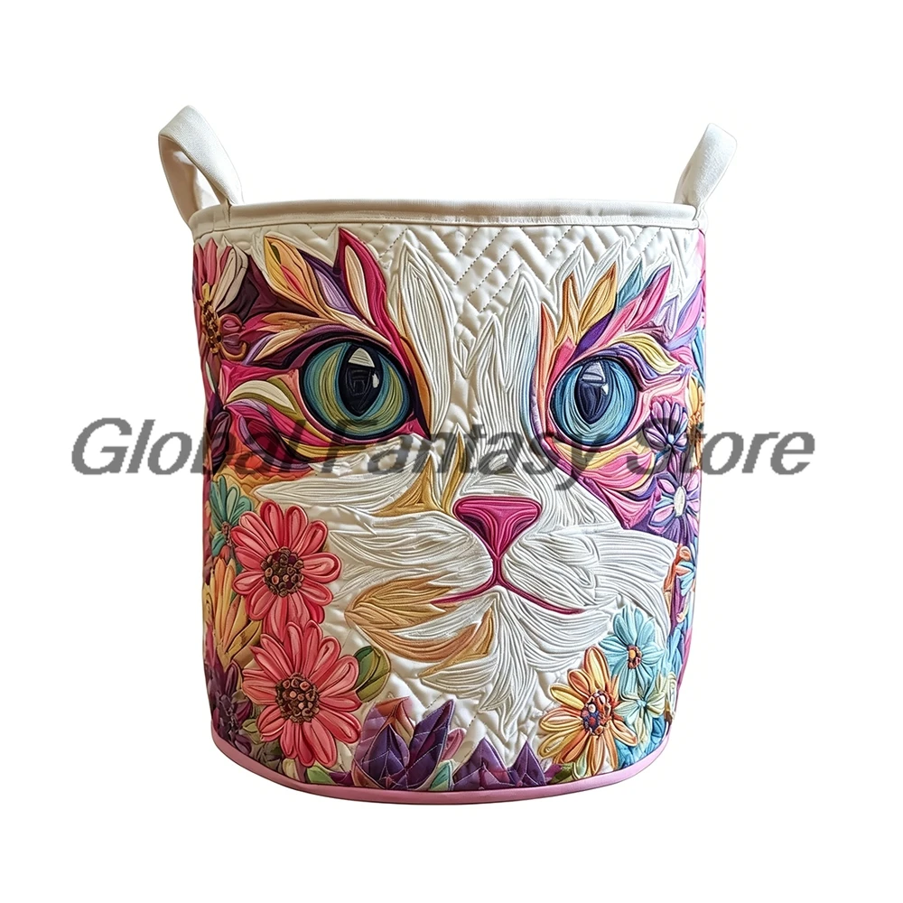 Cat Face Patchwork Quilted Laundry Basket Clothes Foldable Storage Bin Home Organizer Hamper with Handles