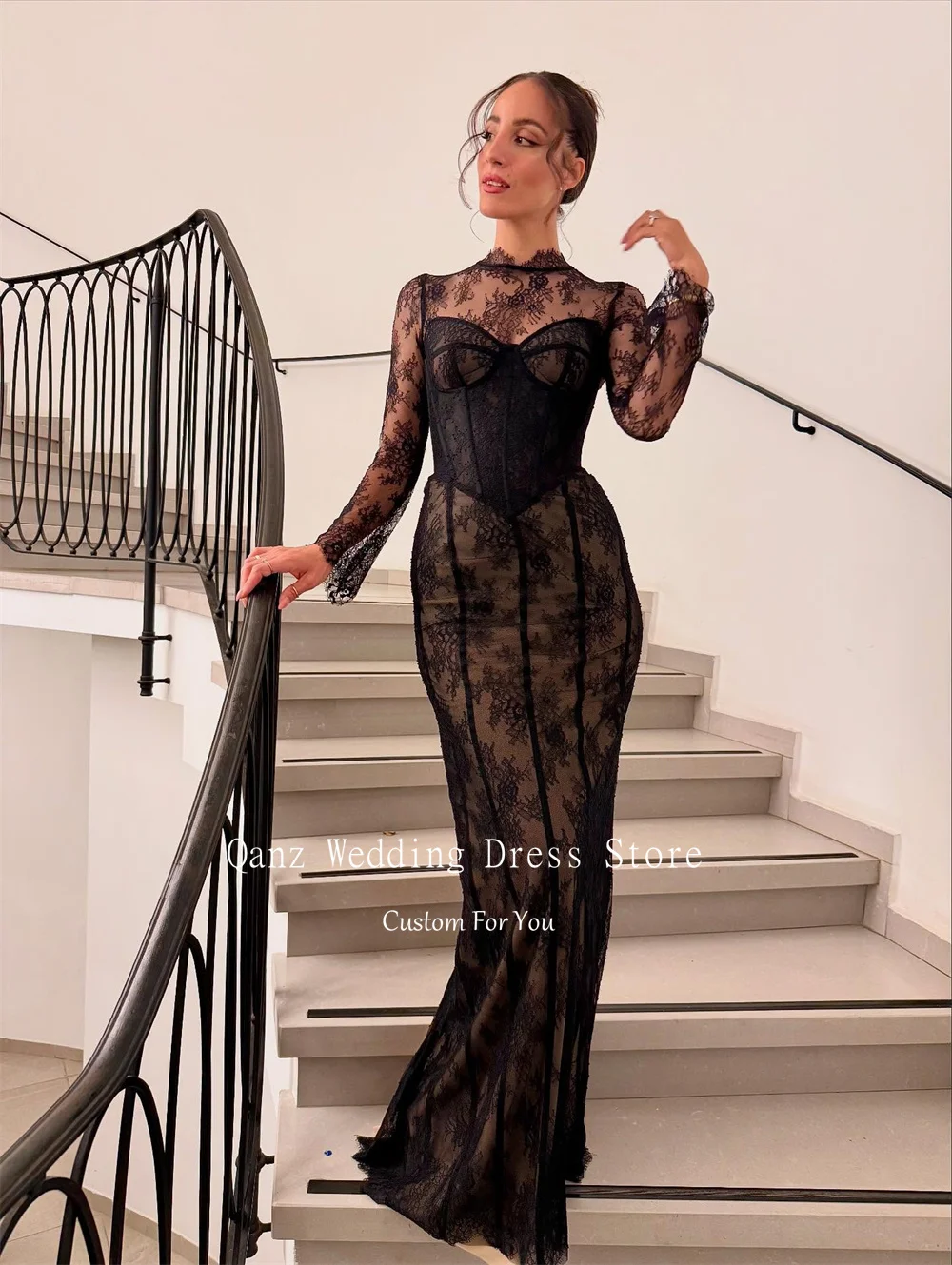 Qanz フォーマルハイネックシアーロングスリーブウエディングドレスマーメイドブラックレースアップリケ高級女性のイブニングドレスカスタマイズ