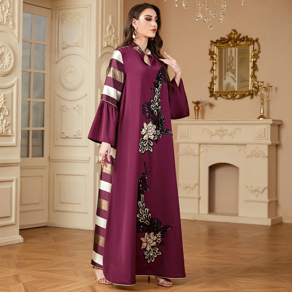 4162 New Splicing Long Dress Loose Women's Robe Muslim Stripe Contrast Splicing Dress