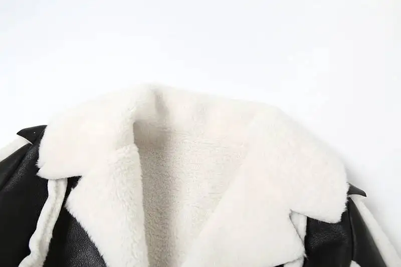 Chaquetas de Cuero PU con Parches de Piel de Cordero para Mujer, Cuello Camisero, Manga Larga, Estilo Informal, Abrigo Cálido