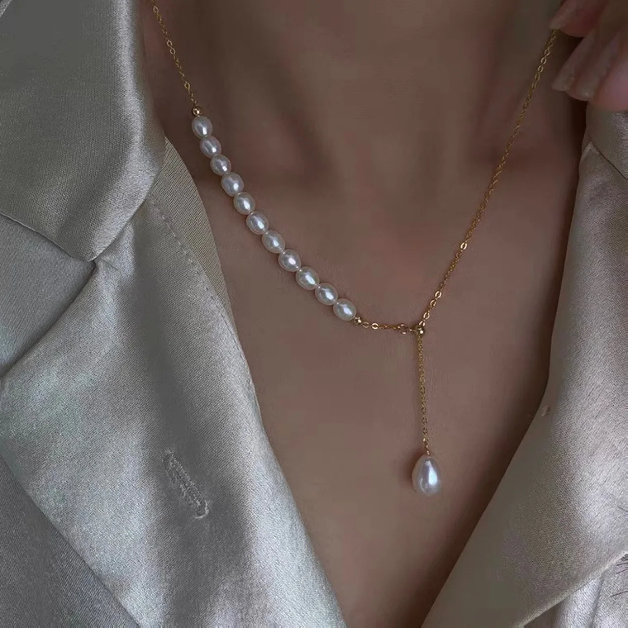 

14K Gold Filled Natural Freshwater Pearl Half Chain Necklace Women Jewelry Designer T Show Runway Gown Rare INS Japan Korean