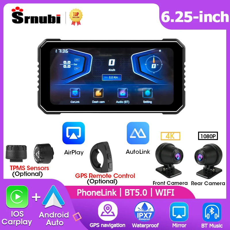 Srnubi 6.25“ 4K+1080P Motorcycle DVR CarPlay GPS Navigation Wireless CarPlay Android Auto Screen Portable Moto Monitor with TPMS