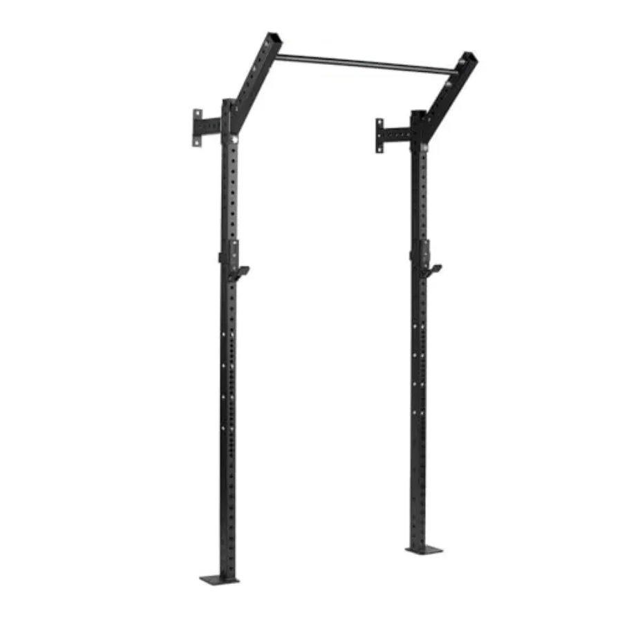 

Compact wall-mounted power rack for home gym use made of 2x3 11-gauge steel black finish space-saving 91 H x 12 D design with i