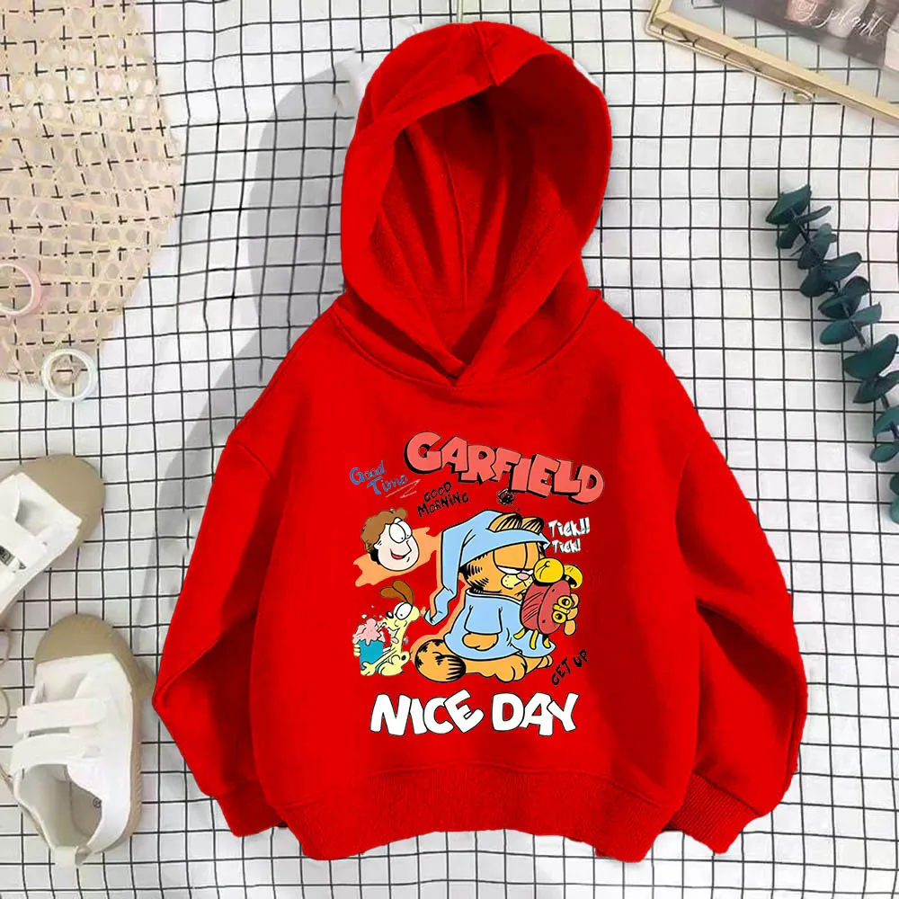 Sudadera con capucha con estampado de dibujos animados Garfield para niños, ocio al aire libre, Jogging, Tops deportivos, ropa para niños, ropa de calidad para niñas, Otoño e Invierno