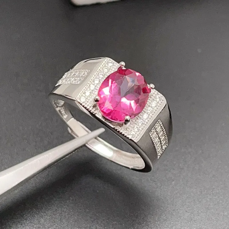 Real 925 Silver Pink Topaz Ring 8mm 2ct Natural Topaz Men Jewelry Sterling Silver Gemstone Ring with Gold Plated