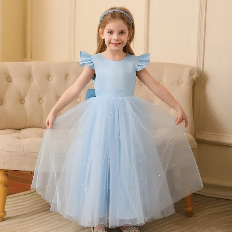 Fashion Solid Color Dress for Kids Girl Wedding Lace Mesh Sleeveless Girl Dresses Summer Children Girls Party Dresses 3-14 Years