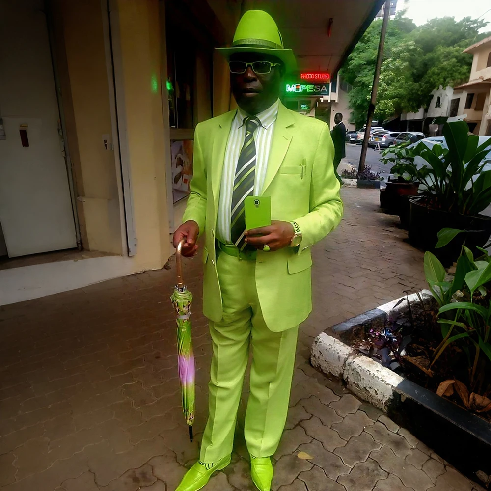 Bold Men Bright Green 2‑Piece Suit Set Notched Lapel Blazer Wide Leg Pants Prom Party Stage Performance Costume Outfit